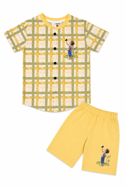 Kids Summer Co-ord Set – Yellow Checked Shirt & Shorts (Bright Life Print)