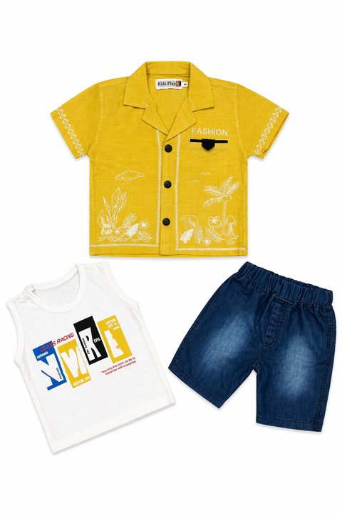 Kids Yellow Summer Outfit Set – Printed Shirt, Tank Top & Denim Shorts (3 Piece Set)