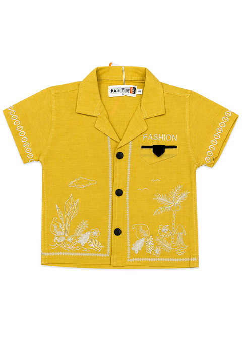 Kids Yellow Summer Outfit Set – Printed Shirt, Tank Top & Denim Shorts (3 Piece Set)