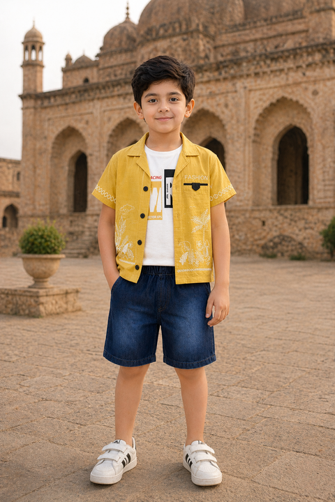 Kids Yellow Summer Outfit Set – Printed Shirt, Tank Top & Denim Shorts (3 Piece Set)