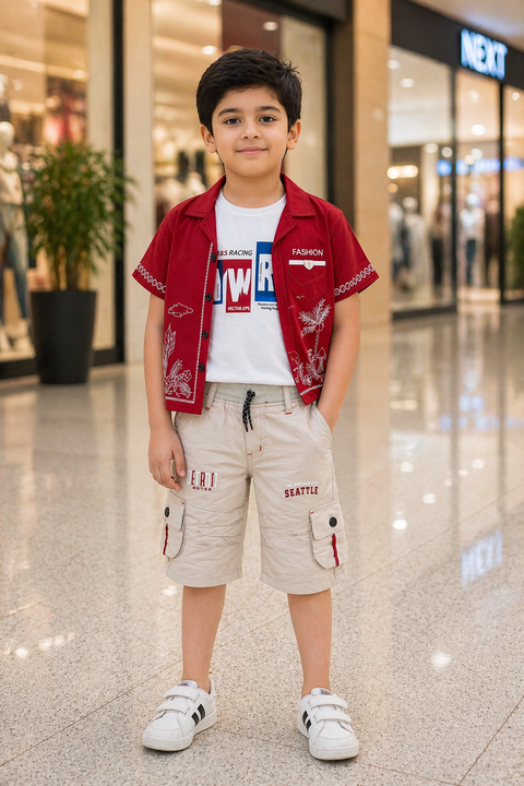 Kids Meiroon Summer Outfit Set – Printed Shirt, Tank Top & Denim Shorts (3 Piece Set)