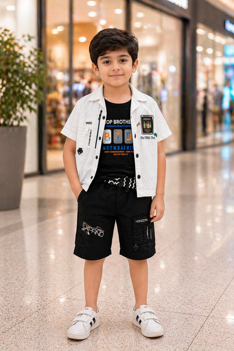 Kids White&Black Summer Outfit Set – Printed Shirt, Graphic Tee & Shorts (3 Piece Set)