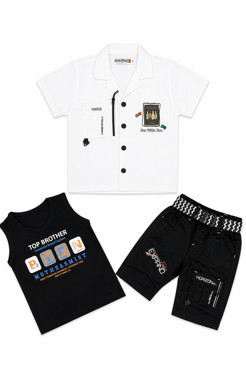 Kids White&Black Summer Outfit Set – Printed Shirt, Graphic Tee & Shorts (3 Piece Set)