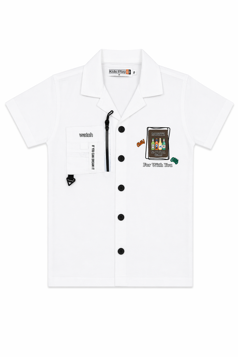 Kids White&Black Summer Outfit Set – Printed Shirt, Graphic Tee & Shorts (3 Piece Set)