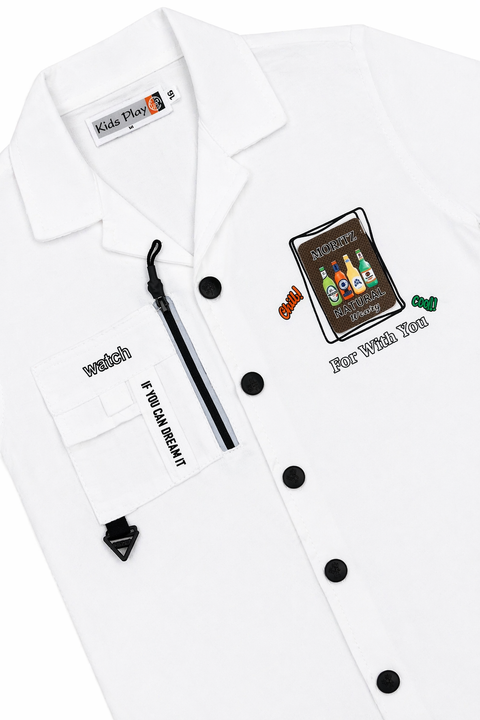 Kids White&Black Summer Outfit Set – Printed Shirt, Graphic Tee & Shorts (3 Piece Set)
