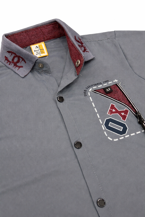 Stylish Boys Summer Casual Shirt & Shorts Set (Slate Grey & Maroon)