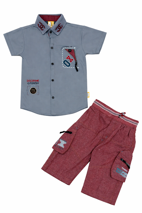Stylish Boys Summer Casual Shirt & Shorts Set (Slate Grey & Maroon)