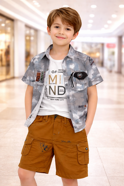 3-Piece Boys Casual Summer Outfit – Printed Shirt, Graphic Tee & Cargo Shorts Set