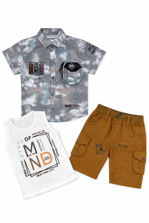 3-Piece Boys Casual Summer Outfit – Printed Shirt, Graphic Tee & Cargo Shorts Set