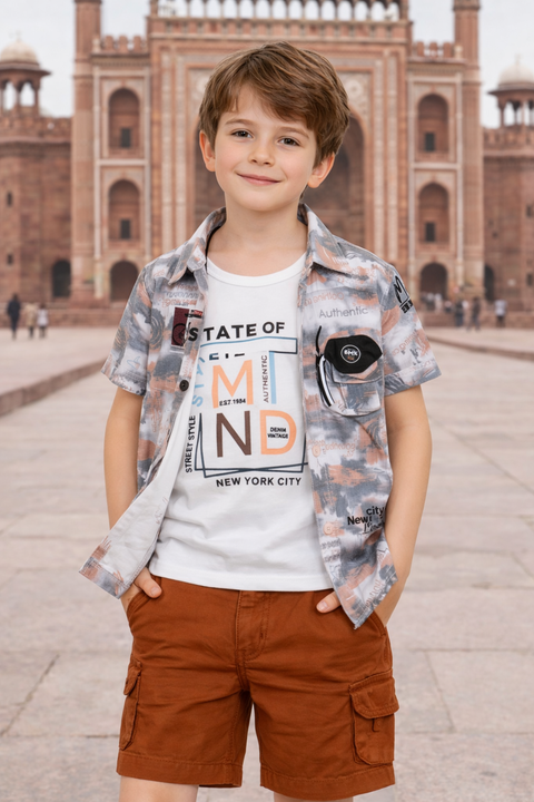 3-Piece Boys Casual Summer Outfit – Printed Shirt, Graphic Tee & Cargo Shorts Set