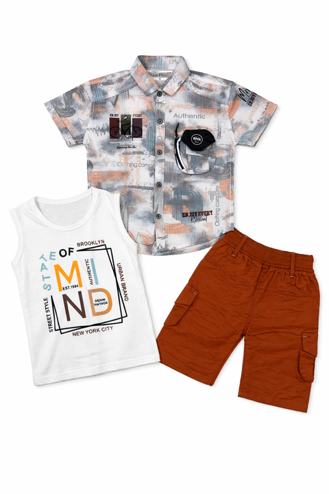 3-Piece Boys Casual Summer Outfit – Printed Shirt, Graphic Tee & Cargo Shorts Set