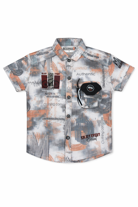 3-Piece Boys Casual Summer Outfit – Printed Shirt, Graphic Tee & Cargo Shorts Set