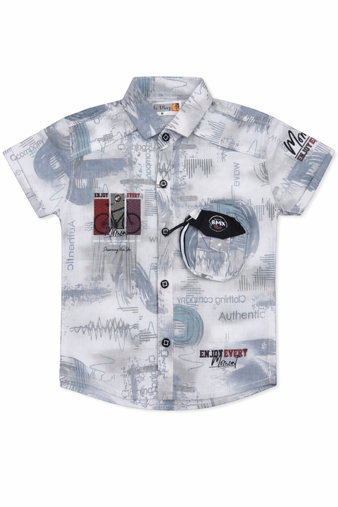 3-Piece Boys Casual Summer Outfit – Printed Shirt, Graphic Tee & Cargo Shorts Set