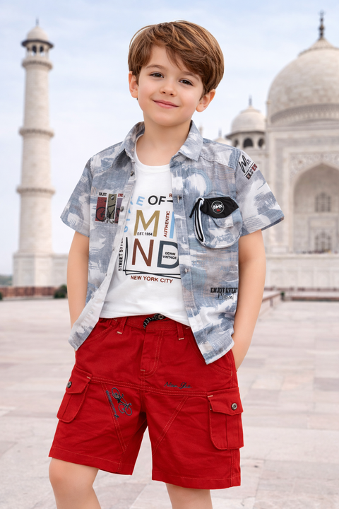 3-Piece Boys Casual Summer Outfit – Printed Shirt, Graphic Tee & Cargo Shorts Set