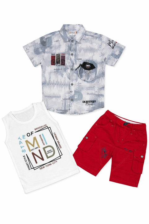 3-Piece Boys Casual Summer Outfit – Printed Shirt, Graphic Tee & Cargo Shorts Set