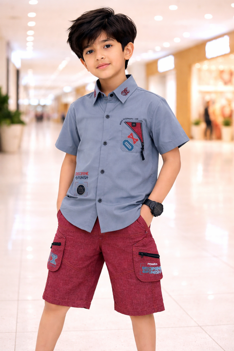 Stylish Boys Summer Casual Shirt & Shorts Set (Slate Grey & Maroon)