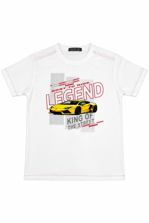 Kids Casual White Tee with Sports Car Graphic