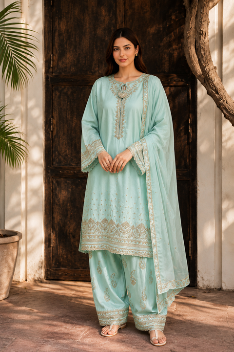 Mint Green Premium Silk Embroidered 3 Piece Suit for Women | Luxury Festive Collection