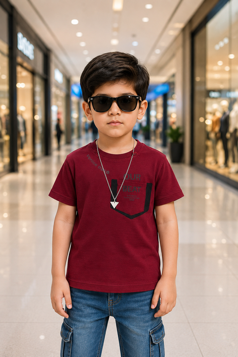 Boys Maroon Graphic T-Shirt with Pocket Design & Chain Detail