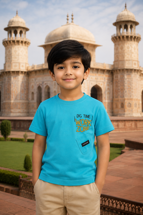 Kids Turquoise Graphic T-Shirt – Work Zone Print with Pocket Detail