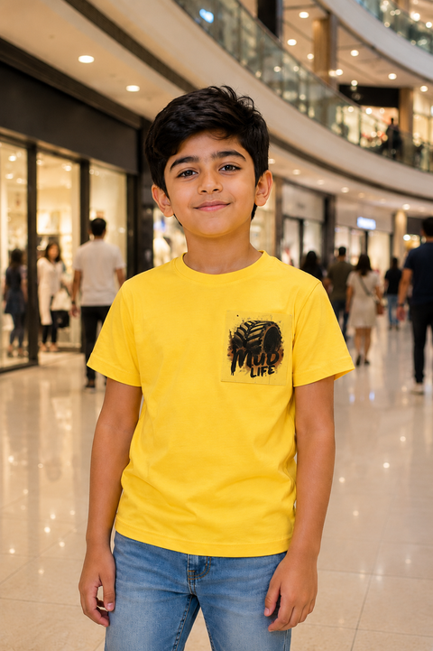 Boys Casual Yellow Printed Pocket T-Shirt – Mud Life Design