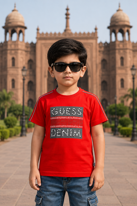 “Bold Red GUESS Denim Graphic T-Shirt for Kids”