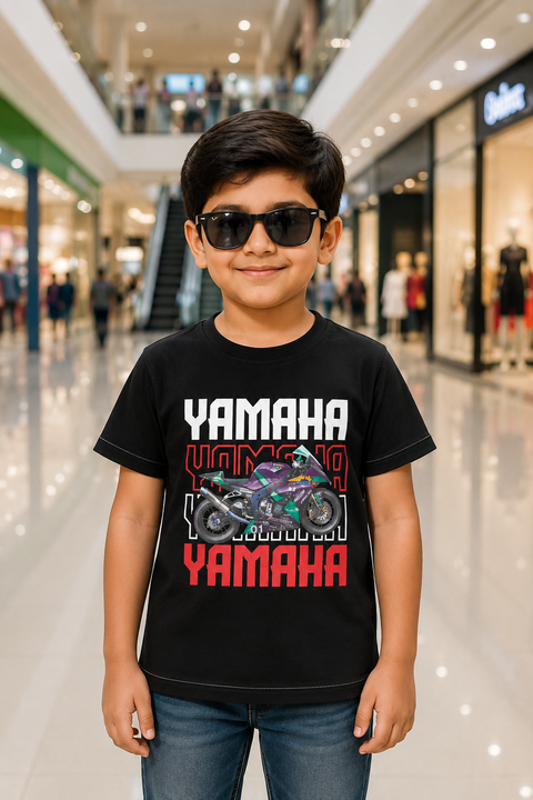 Black Yamaha Graphic Kids T-Shirt with Racing Bike Print