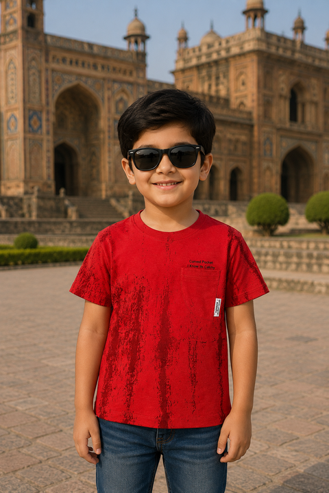Red Textured Graphic T-Shirt with Pocket Detail