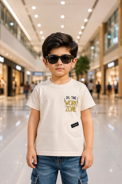 Kids Light Biege Graphic T-Shirt – Work Zone Print with Pocket Detail