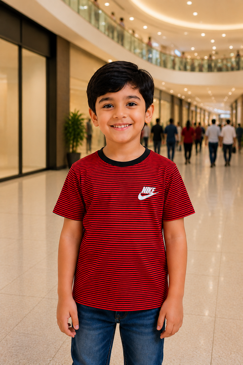 Red & Black Striped Nike Kids T-Shirt with Logo Print