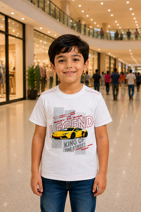 Kids Casual White Tee with Sports Car Graphic