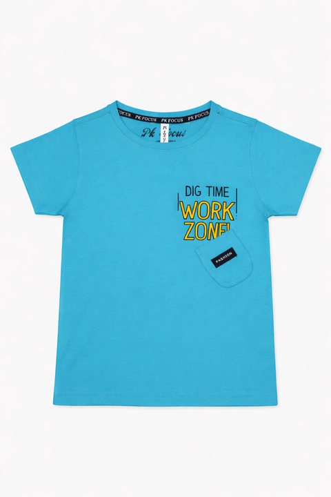 Kids Turquoise Graphic T-Shirt – Work Zone Print with Pocket Detail