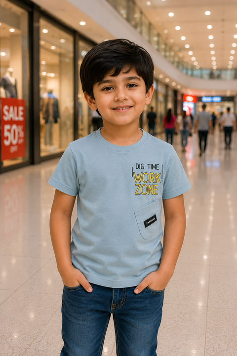 Kids Sky Blue Graphic T-Shirt – Work Zone Print with Pocket Detail