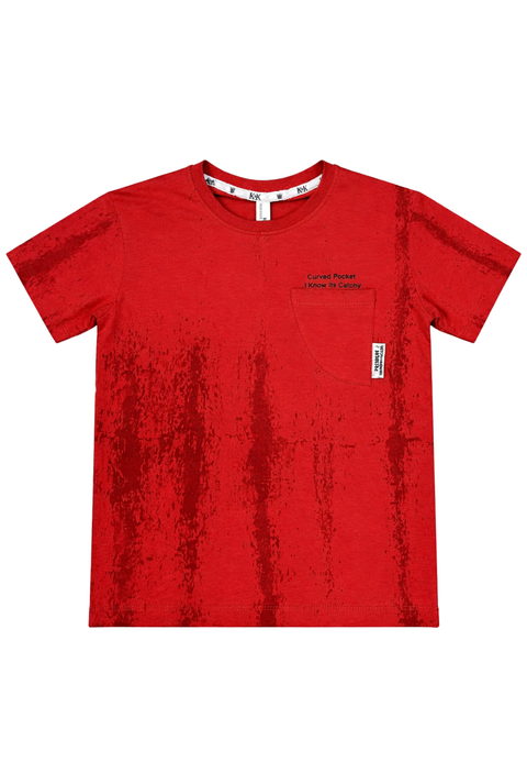 Red Textured Graphic T-Shirt with Pocket Detail