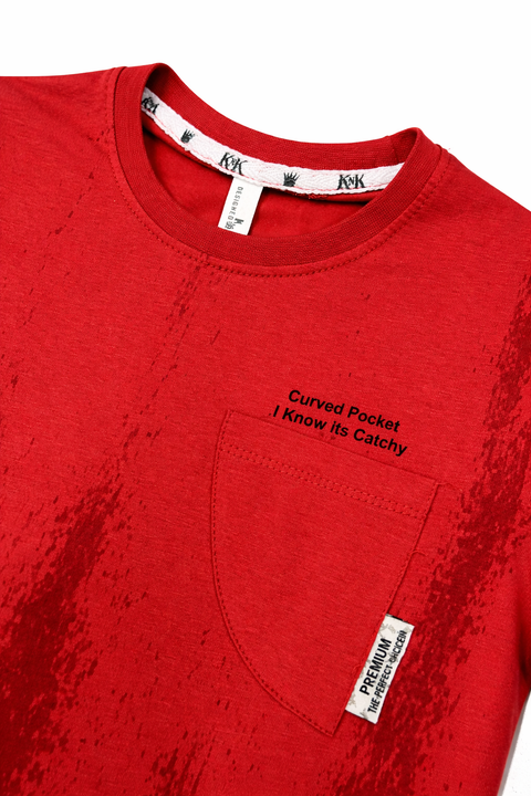 Red Textured Graphic T-Shirt with Pocket Detail