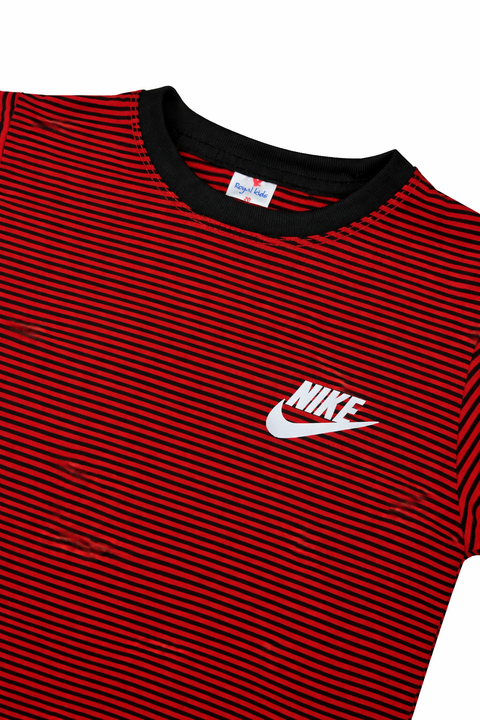 Red & Black Striped Nike Kids T-Shirt with Logo Print