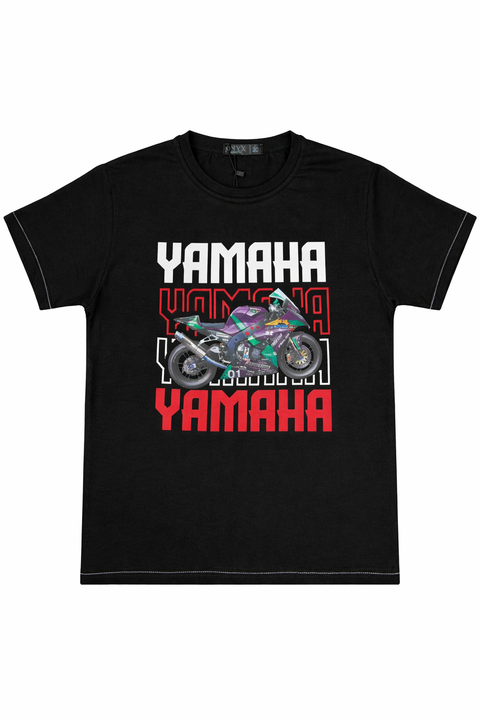 Black Yamaha Graphic Kids T-Shirt with Racing Bike Print
