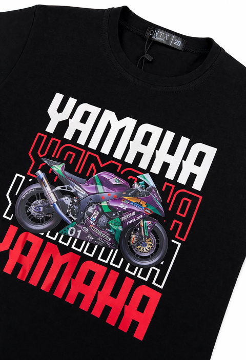 Black Yamaha Graphic Kids T-Shirt with Racing Bike Print