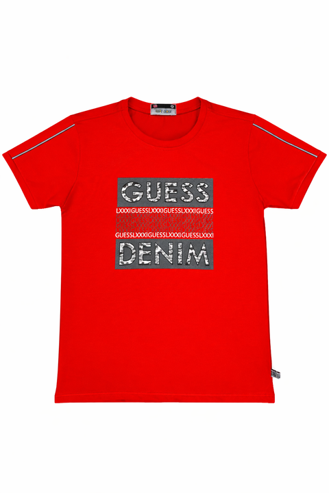 “Bold Red GUESS Denim Graphic T-Shirt for Kids”