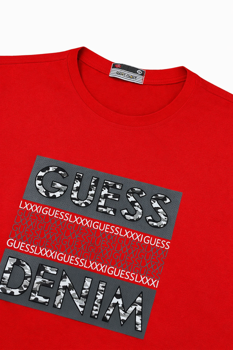 “Bold Red GUESS Denim Graphic T-Shirt for Kids”