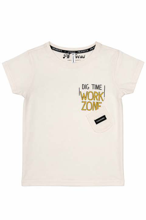 Kids Light Biege Graphic T-Shirt – Work Zone Print with Pocket Detail