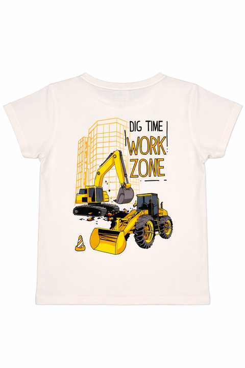 Kids Light Biege Graphic T-Shirt – Work Zone Print with Pocket Detail