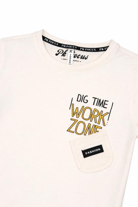 Kids Light Biege Graphic T-Shirt – Work Zone Print with Pocket Detail