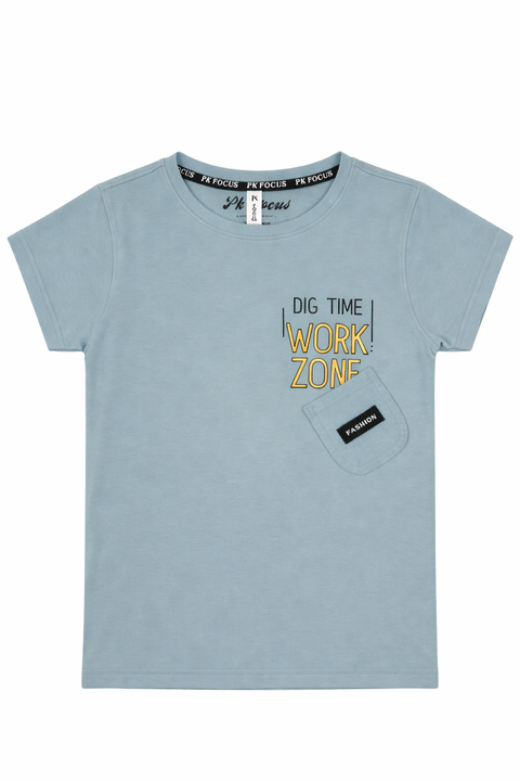 Kids Sky Blue Graphic T-Shirt – Work Zone Print with Pocket Detail