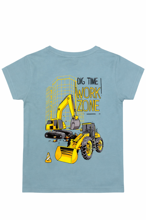 Kids Sky Blue Graphic T-Shirt – Work Zone Print with Pocket Detail