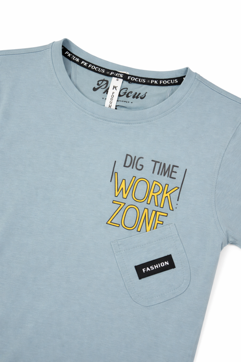 Kids Sky Blue Graphic T-Shirt – Work Zone Print with Pocket Detail