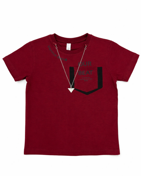 Boys Maroon Graphic T-Shirt with Pocket Design & Chain Detail