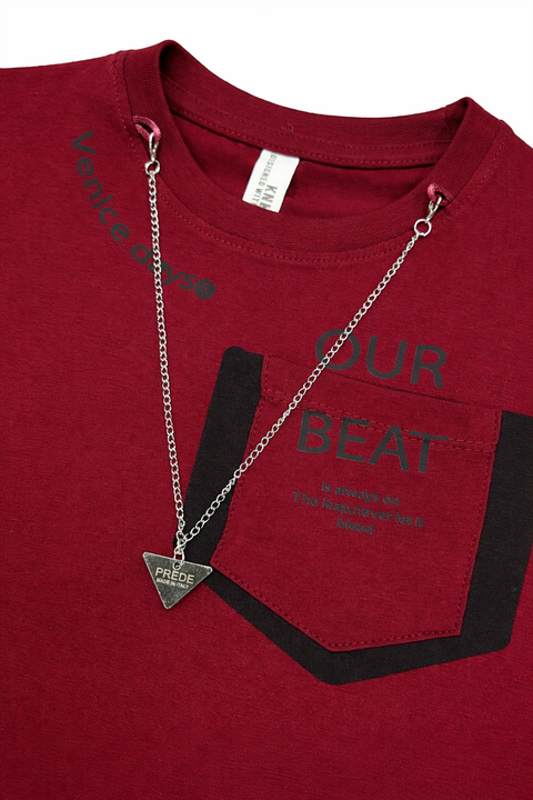 Boys Maroon Graphic T-Shirt with Pocket Design & Chain Detail