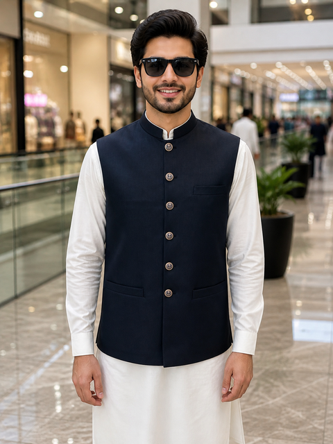 Navy Blue Classic Waistcoat with Metal Buttons